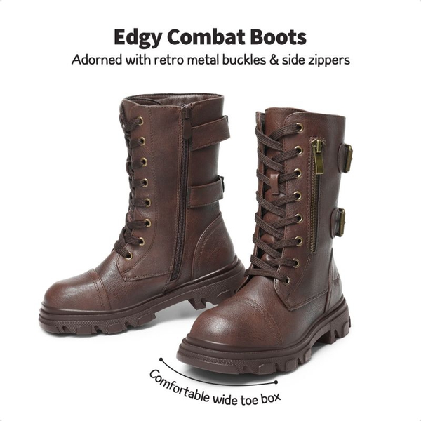 Girls Vegan Leather Combat Ankle Boots - BROWN - 1